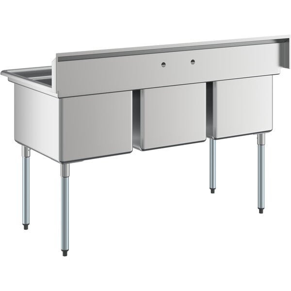 A stainless steel three compartment commercial sink with galvanized steel legs and a backsplash.