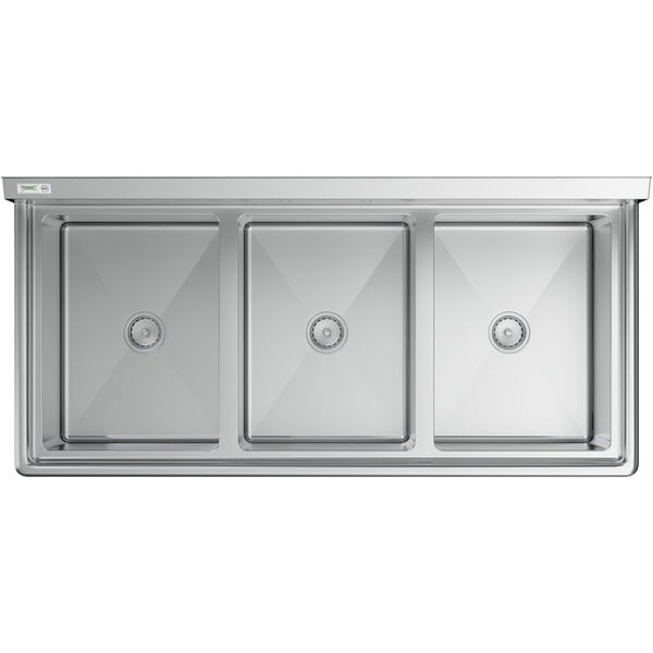 A stainless steel three-compartment commercial sink with rectangular bowls and a flat rim.