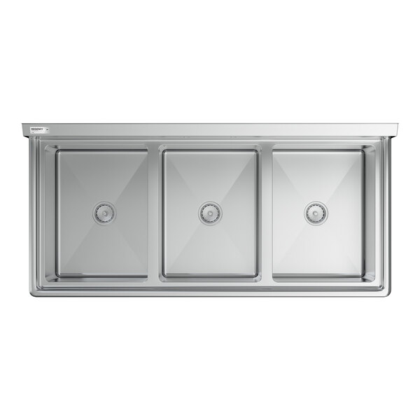 Regency 63" Three Compartment Commercial Sink with Galvanized Steel Legs with 18" x 24" x 14" Sink Bowls