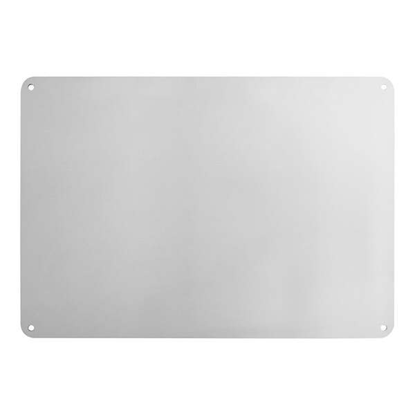 A rectangular aluminum safety sign with rounded corners and holes in each corner.