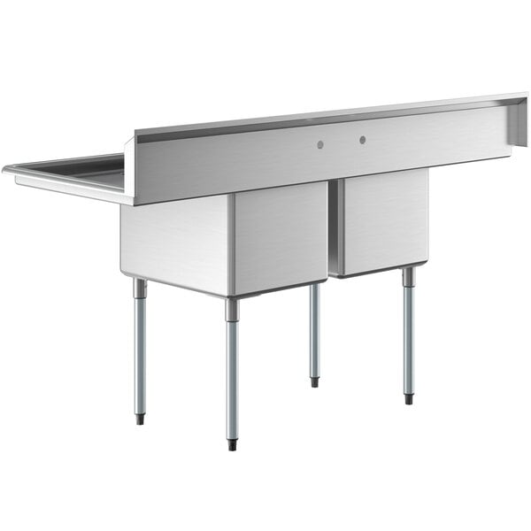 A stainless steel two-compartment commercial sink with two drainboards and galvanized steel legs.