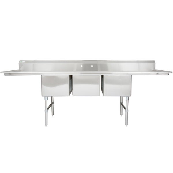 A large stainless steel three-compartment commercial sink with two drainboards, stainless steel legs, and cross bracing.