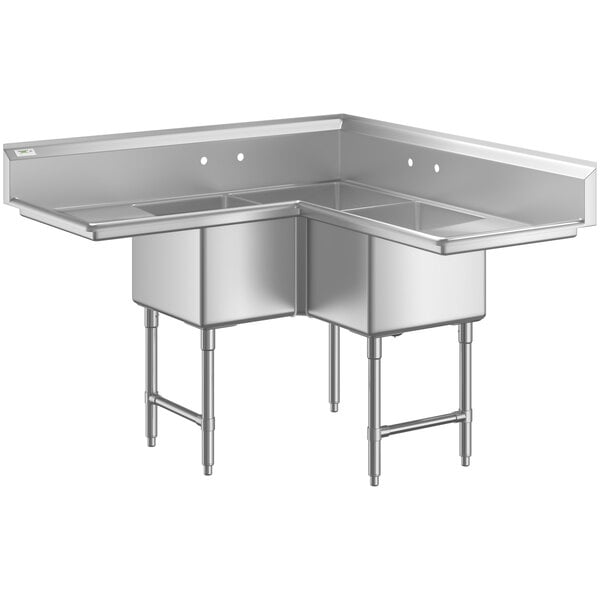 A stainless steel three-compartment corner sink with two drainboards, stainless steel legs, and cross bracing.