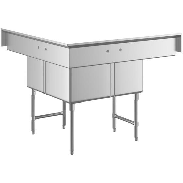 A stainless steel three compartment corner sink with two 18-inch drainboards, stainless steel legs, and cross bracing.
