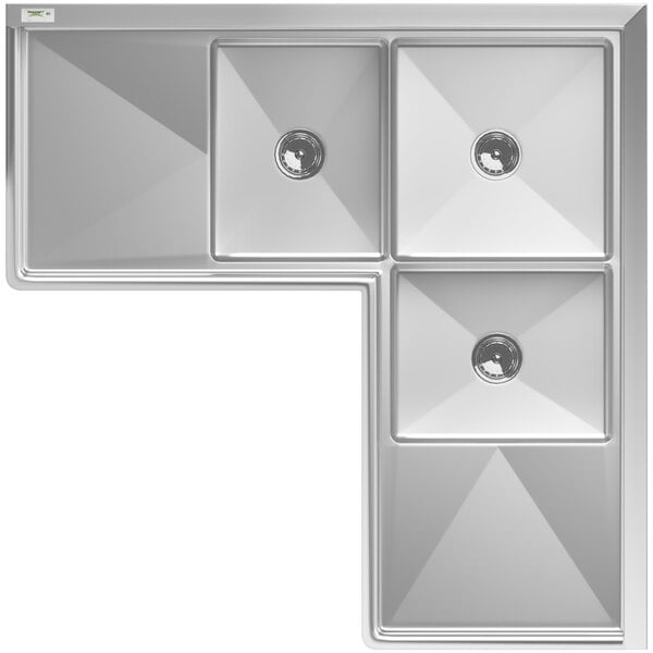A stainless steel three-compartment corner sink with two drainboards and cross bracing.
