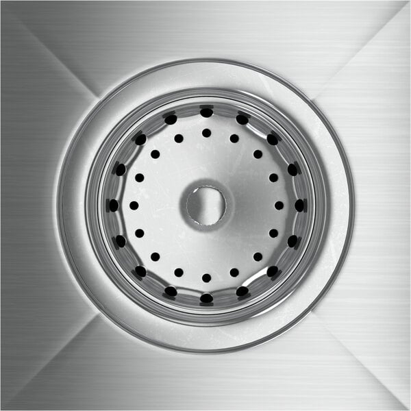 A stainless steel sink drain with a perforated strainer in the center.