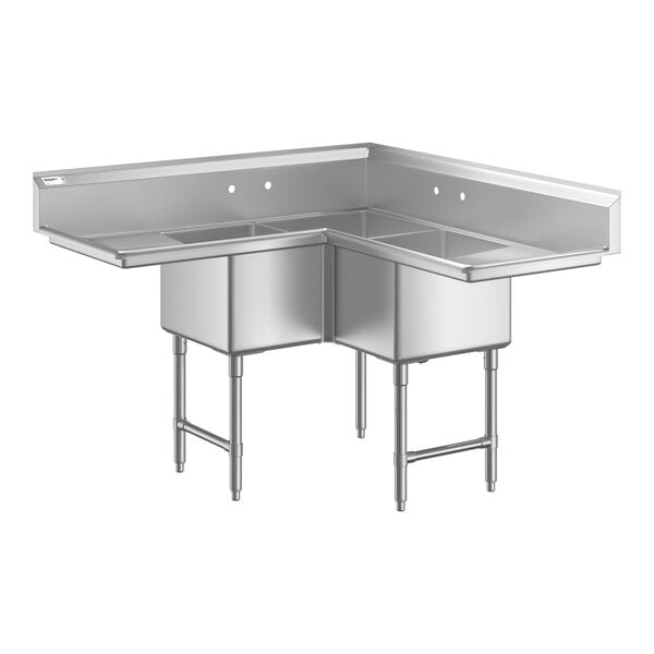 A stainless steel corner sink unit with three compartments, two drainboards, and sturdy legs with cross bracing.