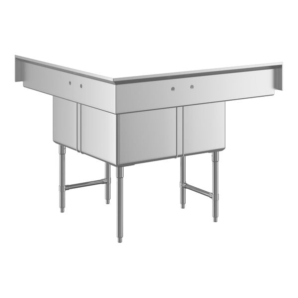 A stainless steel three-compartment corner sink with two drainboards and sturdy legs with cross bracing.