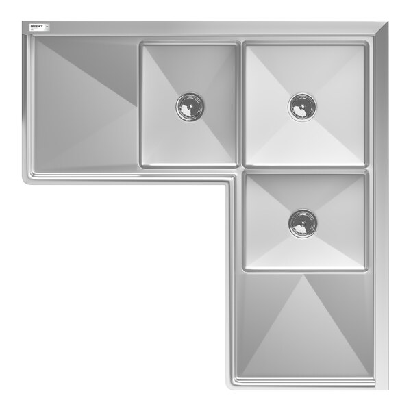 A top-down view of a stainless steel corner sink with three square compartments and two drainboards.