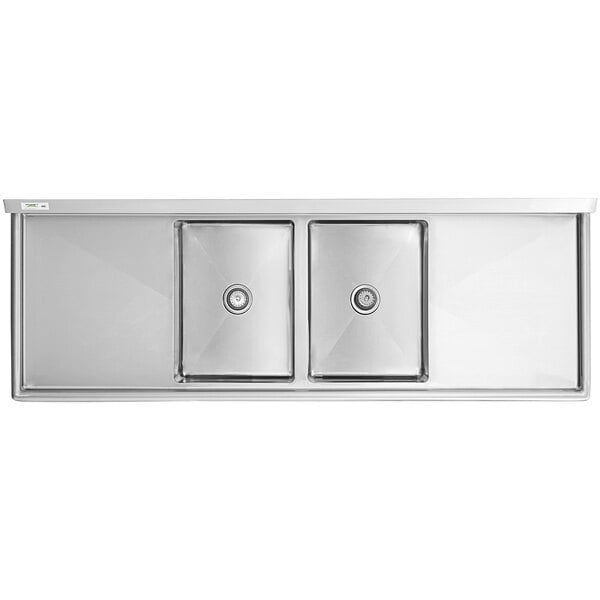 A large stainless steel commercial sink with two compartments and two integrated drainboards.
