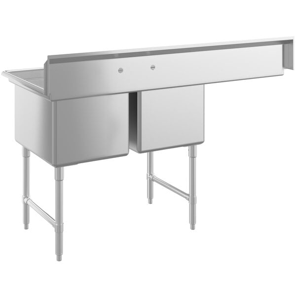A stainless steel two-compartment commercial sink with a left-side drainboard, stainless steel legs, and cross bracing.