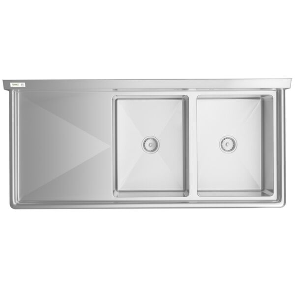 A stainless steel commercial sink with two compartments and a 24-inch left drainboard.
