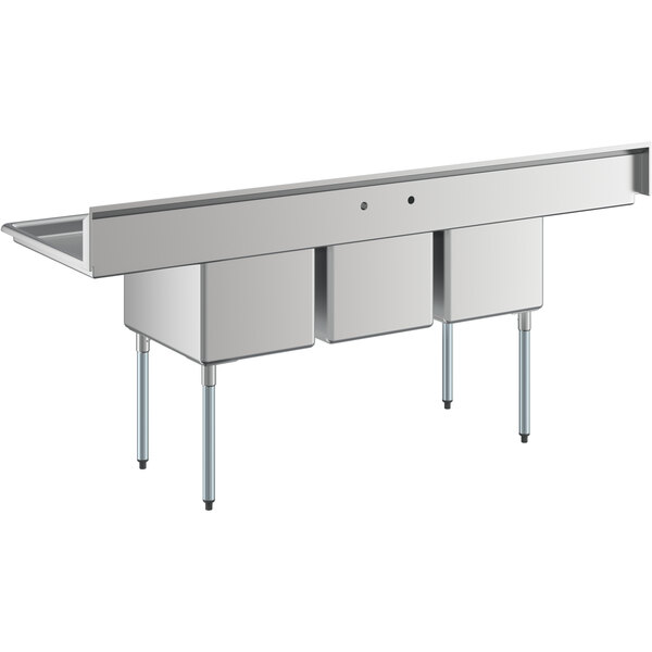 A large stainless steel three compartment commercial sink with two 18-inch drainboards and galvanized steel legs.