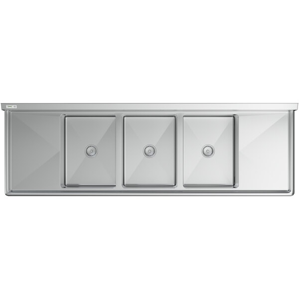 A large stainless steel three-compartment commercial sink with two drainboards and galvanized steel legs.