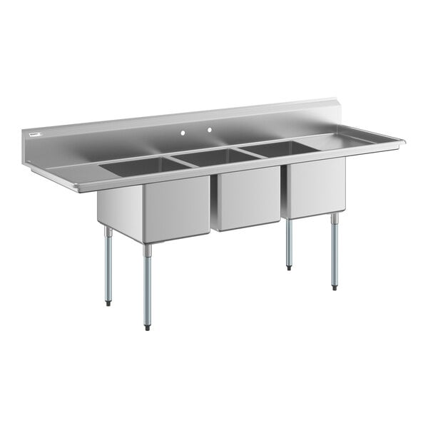 Regency 94" Three Compartment Commercial Sink with Galvanized Steel Legs, Two 18" Drainboards, and 18" x 24" x 14" Sink Bowls