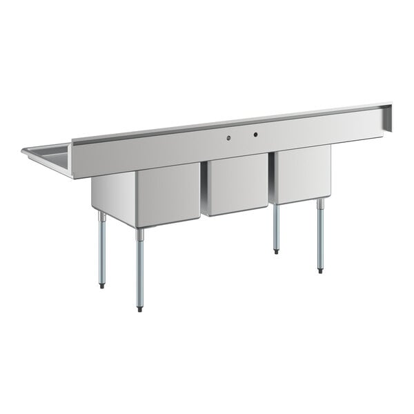 Regency 94" Three Compartment Commercial Sink with Galvanized Steel Legs, Two 18" Drainboards, and 18" x 24" x 14" Sink Bowls