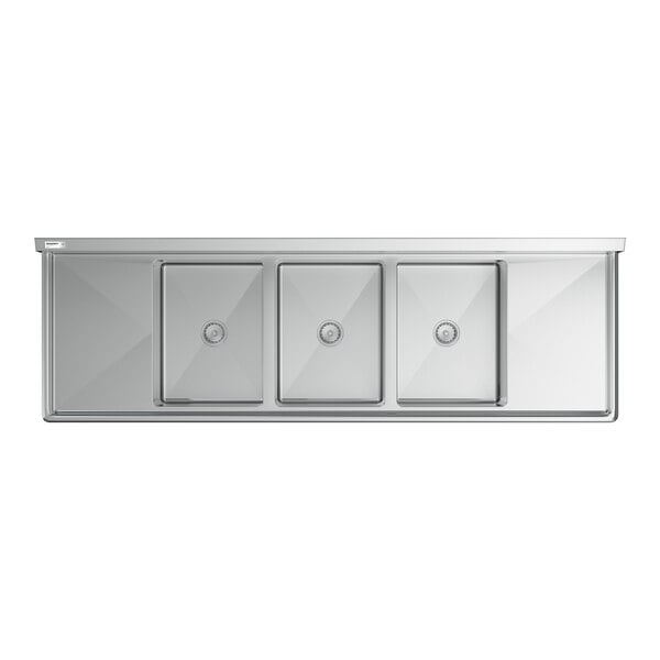 Regency 94" Three Compartment Commercial Sink with Galvanized Steel Legs, Two 18" Drainboards, and 18" x 24" x 14" Sink Bowls
