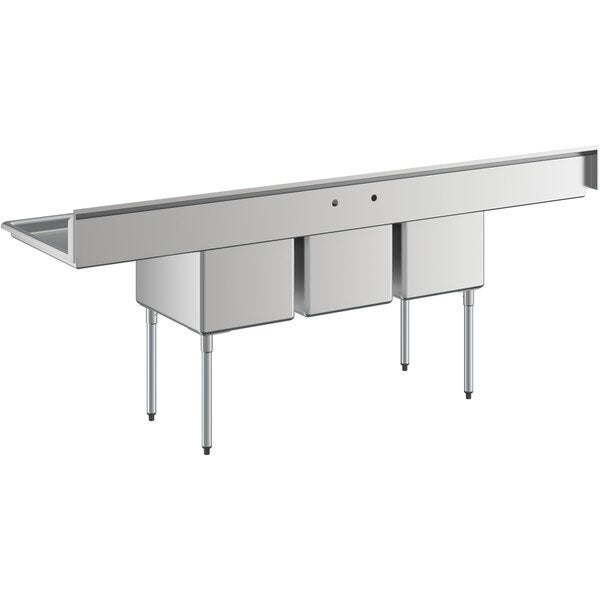A large stainless steel three-compartment commercial sink with two 24-inch drainboards and galvanized steel legs.