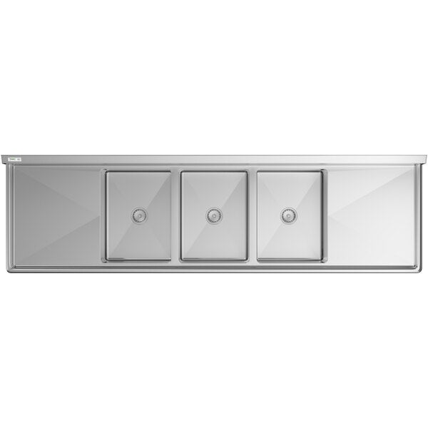A large stainless steel three-compartment commercial sink with two drainboards and galvanized steel legs.