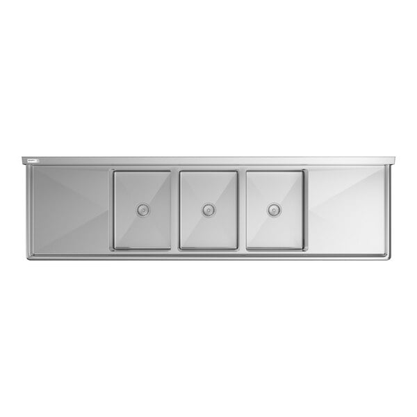 A stainless steel sink unit with three square compartments and two flat drainboards on either side.