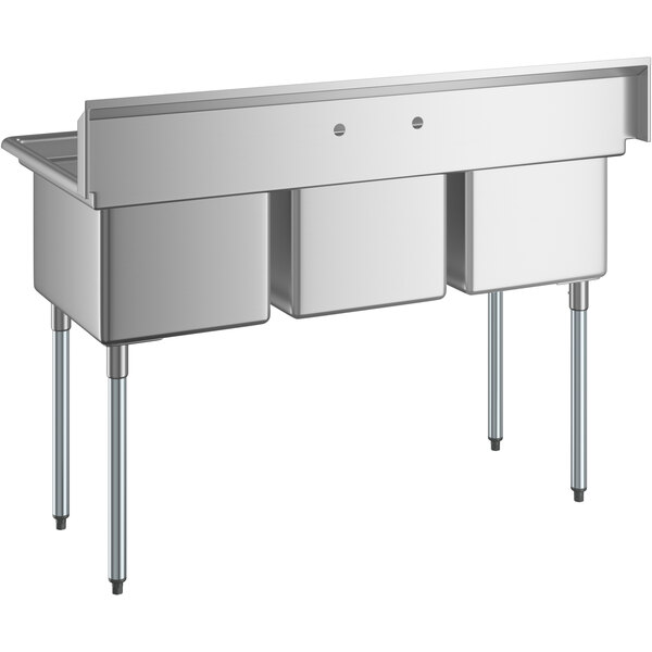 A stainless steel three compartment commercial sink with galvanized steel legs and three deep bowls.