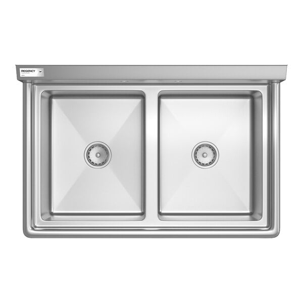 A top-down view of a stainless steel double-basin sink with square bowls and central drains.