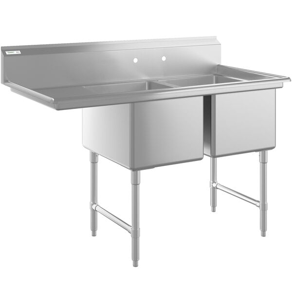 A stainless steel two-compartment commercial sink with an 18-inch left drainboard, stainless steel legs, and cross bracing.