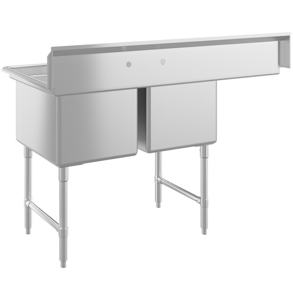 A stainless steel two-compartment commercial sink with an 18-inch left drainboard, stainless steel legs, and cross bracing.