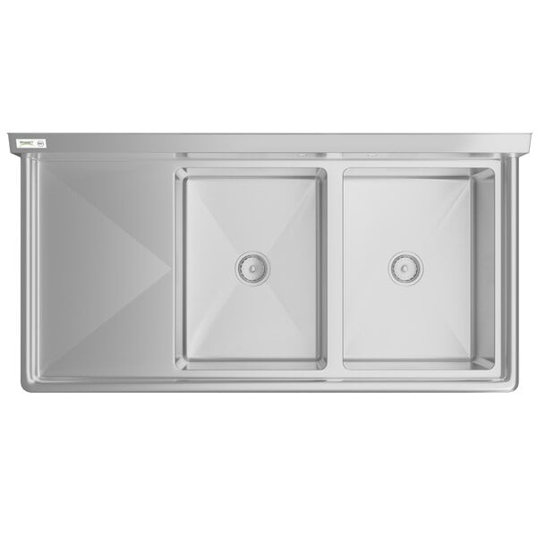 A stainless steel two-compartment commercial sink with an 18-inch left drainboard and cross bracing.