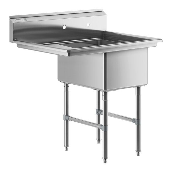 A stainless steel one-compartment commercial sink with an 18-inch left drainboard, stainless steel legs, and cross bracing.