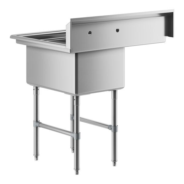 A stainless steel one-compartment commercial sink with an 18-inch left drainboard, stainless steel legs, and cross bracing.