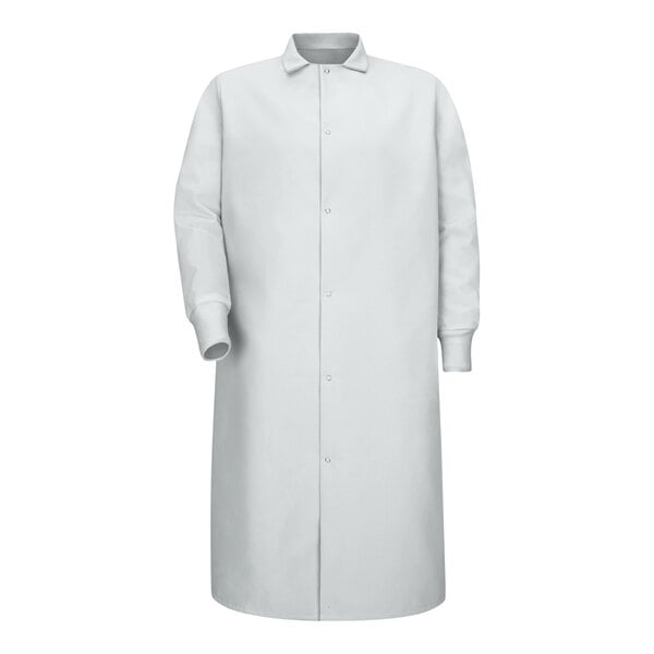 Red Kap KS60 Unisex Customizable White Snap-Front Pocketless Butcher Coat with Knit Cuffs  - Large