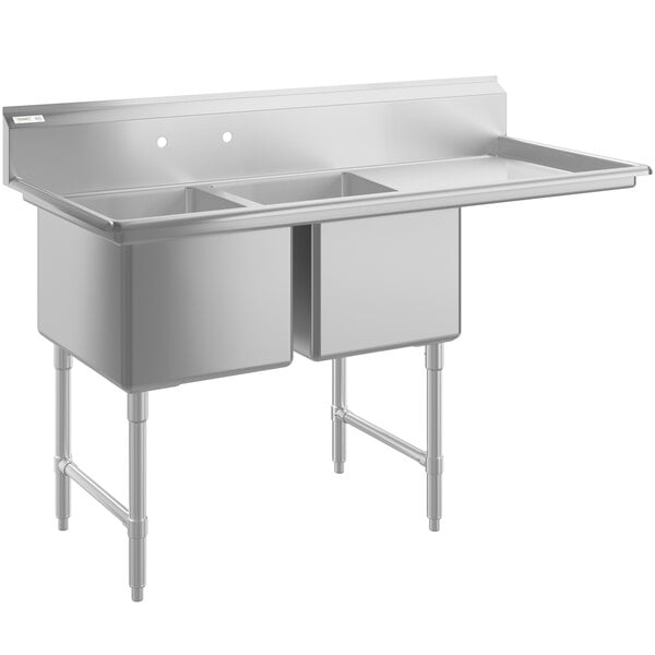 A stainless steel two compartment commercial sink with a right-side drainboard, stainless steel legs, and cross bracing.