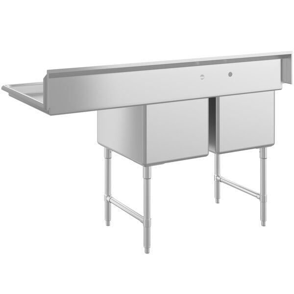 A stainless steel two compartment commercial sink with a right-side drainboard, stainless steel legs, and cross bracing.