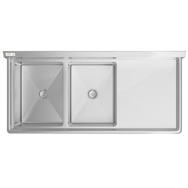 A large stainless steel commercial sink with two compartments and a right-side drainboard.