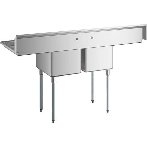 A stainless steel two compartment commercial sink with two 18-inch drainboards and galvanized steel legs.