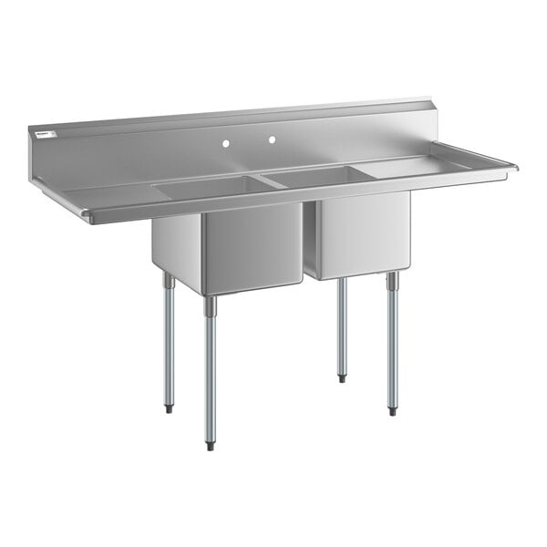 Regency 70" Two Compartment Commercial Sink with Galvanized Steel Legs, Two 18" Drainboards, and 16" x 20" x 12" Sink Bowls
