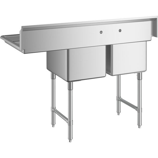 A stainless steel two-compartment commercial sink with an 18-inch right drainboard, stainless steel legs, and cross bracing.