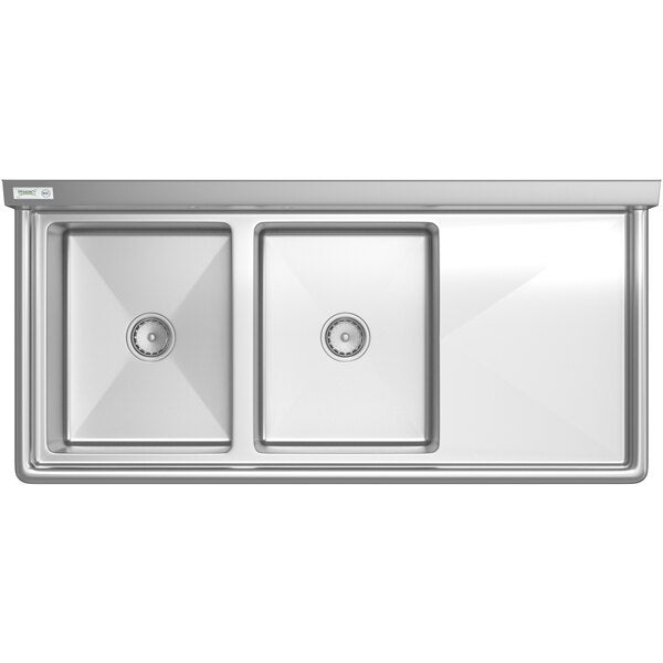 A stainless steel commercial sink with two compartments and an 18-inch right drainboard.
