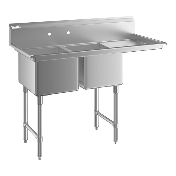 Regency 54 1/2" Two Compartment Commercial Sink with Stainless Steel Legs, Cross Bracing, and 18" Right Drainboard