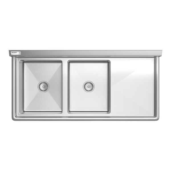 Regency 54 1/2" Two Compartment Commercial Sink with Stainless Steel Legs, Cross Bracing, and 18" Right Drainboard