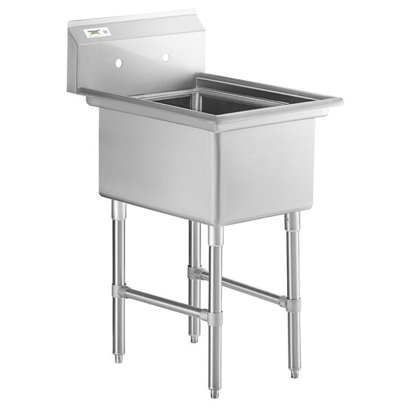 A stainless steel one-compartment commercial sink with stainless steel legs and cross bracing.