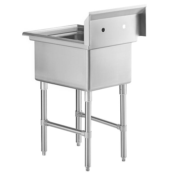 A stainless steel one-compartment commercial sink with stainless steel legs and cross bracing.