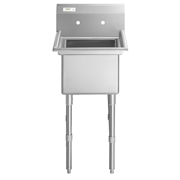 A stainless steel one-compartment commercial sink with stainless steel legs and cross bracing.