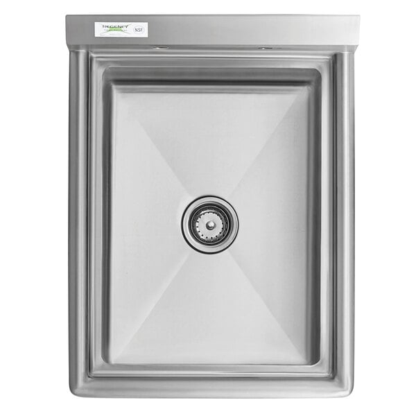 A stainless steel one compartment commercial sink with a rectangular bowl and central drain.