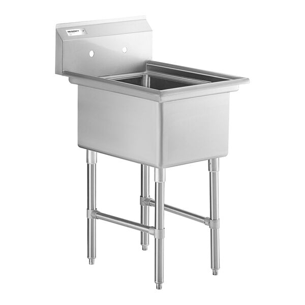 A stainless steel commercial sink with one deep compartment, four sturdy legs, and cross bracing for support.