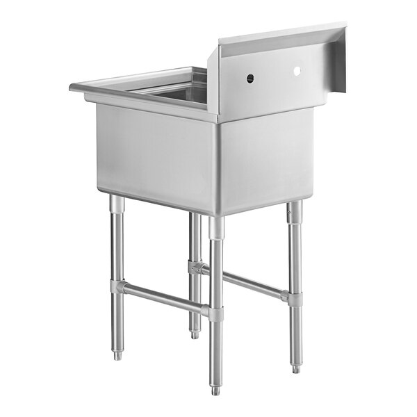 A stainless steel commercial sink with one deep compartment, four sturdy legs, and cross bracing for support.