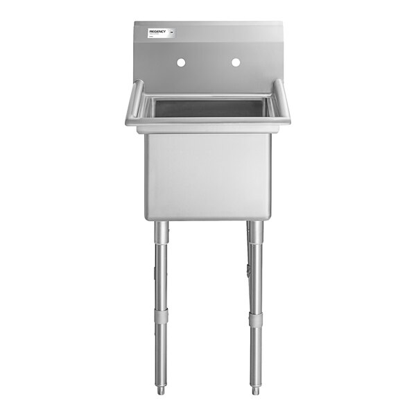 A stainless steel single-compartment sink with two faucet holes and four sturdy legs.