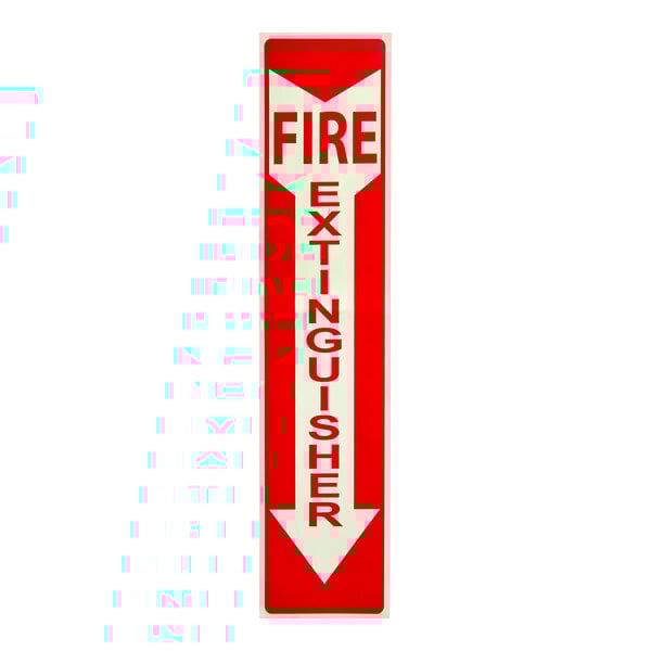 A red and white adhesive vinyl safety label with a down arrow and the words 'Fire Extinguisher' that glows in the dark.