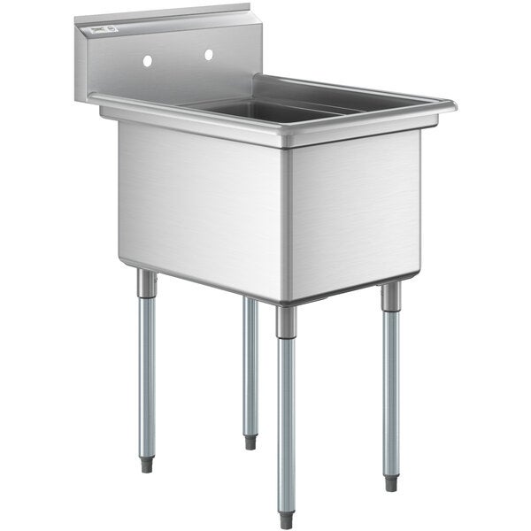 A stainless steel one compartment commercial sink with galvanized steel legs and a deep rectangular bowl.